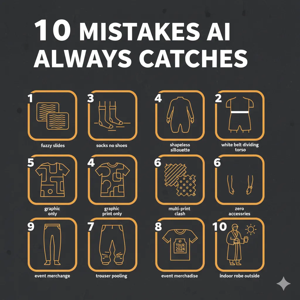 Various fashion mistakes highlighted by AI such as trouser pooling and clashing prints