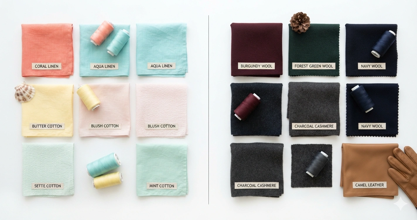 Split comparison of summer and winter color palettes with fabric swatches