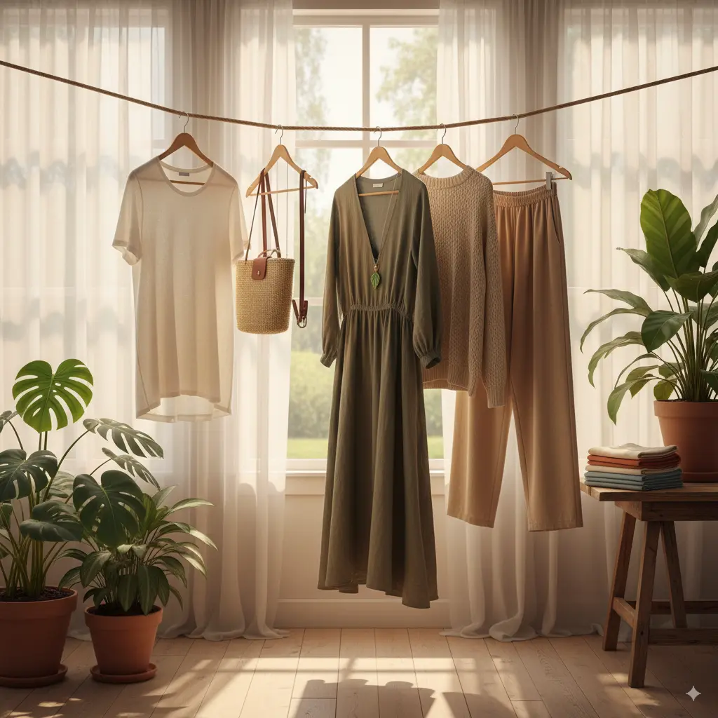 Sustainable fashion items hanging on wooden hangers with natural lighting