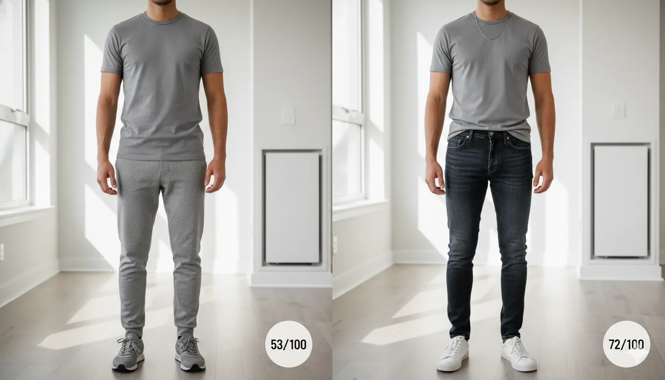 Same grey t-shirt: all-same-texture outfit scores 53, adding denim jeans, leather sneakers and silver chain scores 72