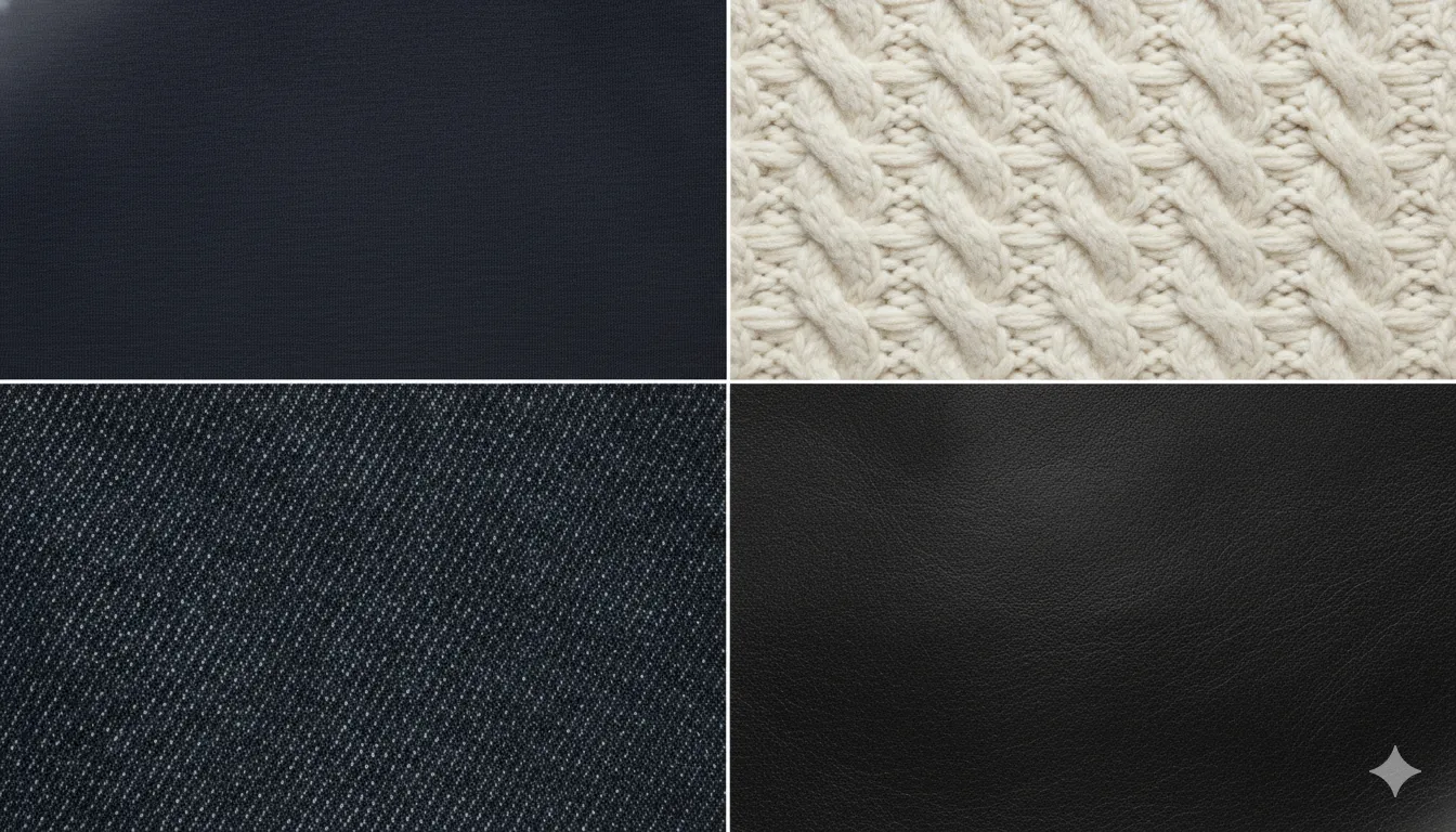 Close up of various clothing textures like knit, denim, and leather layered together