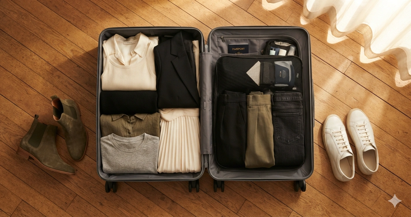 Carry-on suitcase open with a 10-piece capsule wardrobe neatly packed