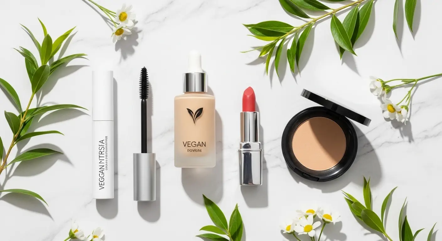 A flat lay of beautiful, affordable vegan cosmetics surrounded by fresh leaves and flowers