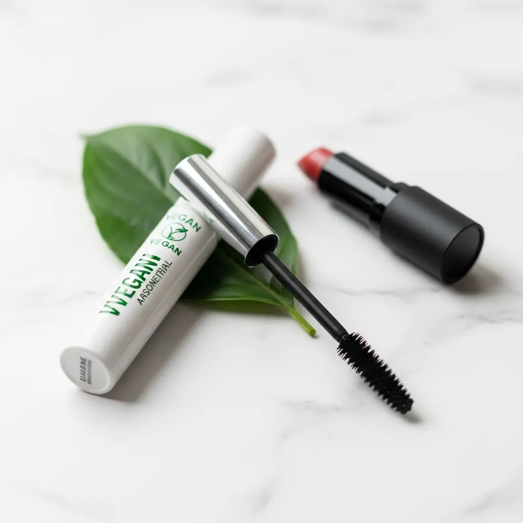 A flat lay of affordable vegan cosmetics surrounded by fresh leaves