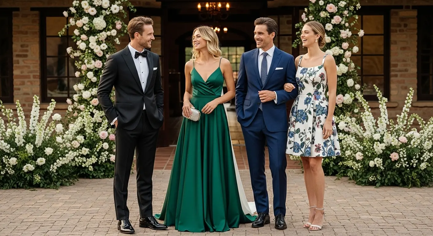 Four elegantly dressed wedding guests representing different dress codes.