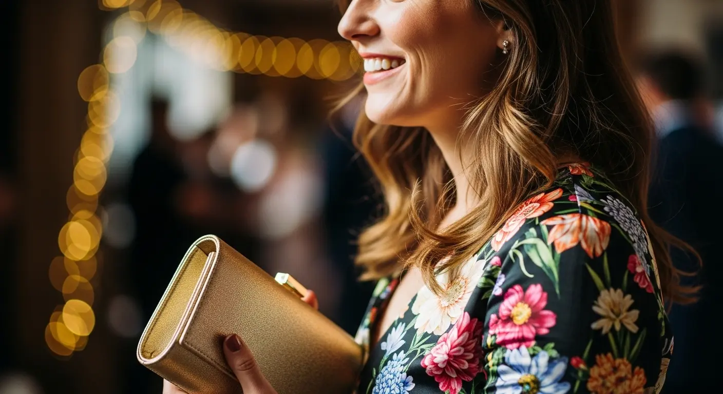 A stylish woman holding a clutch at a wedding