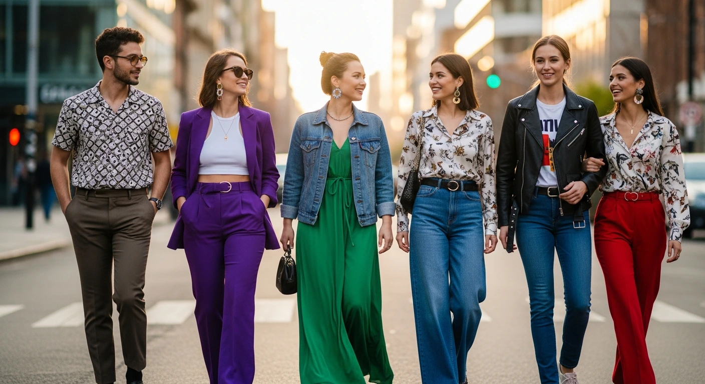 Diverse group showcasing trendy fashion styles