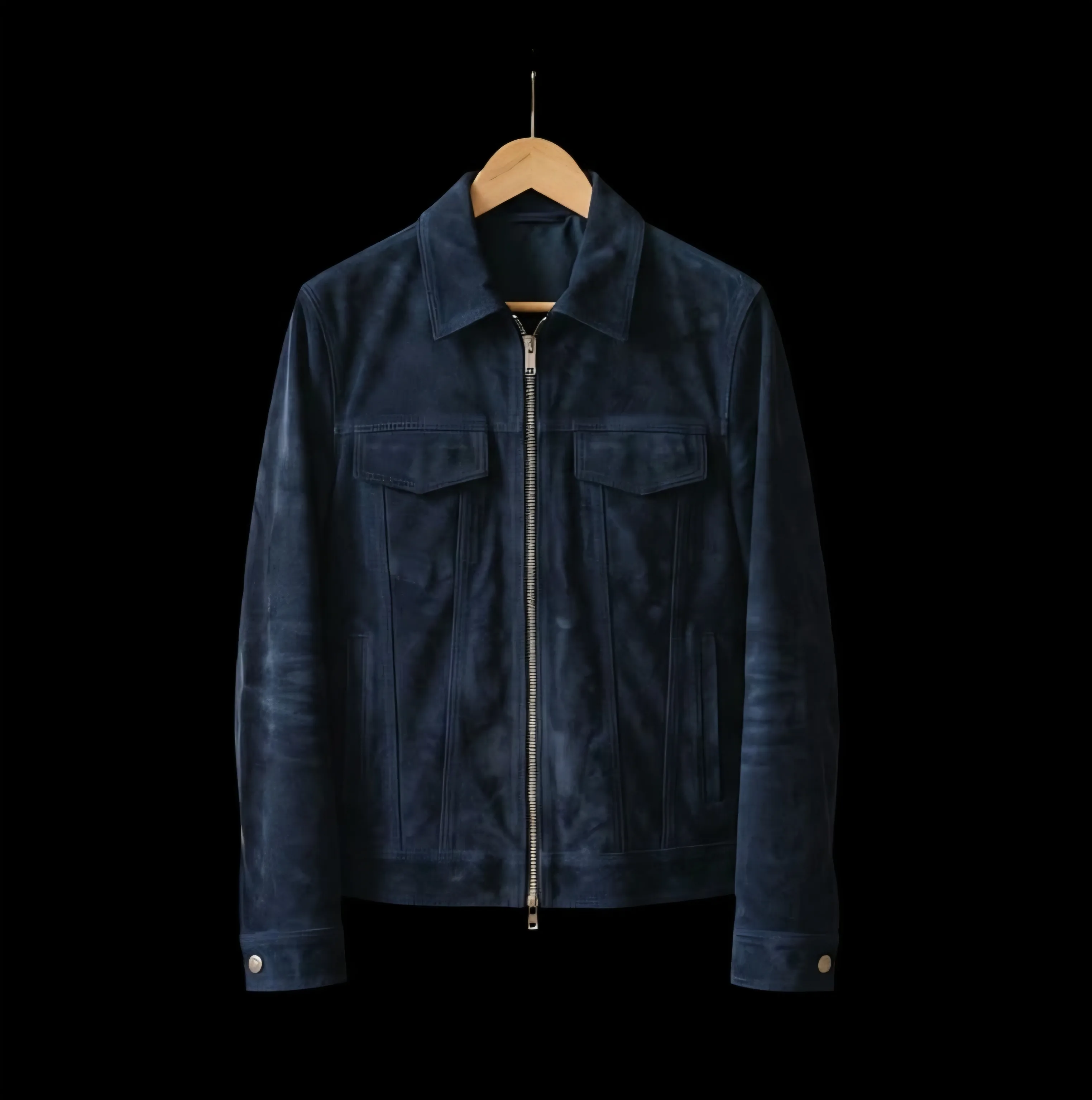Navy suede jacket isolated on transparent grid after AI background removal — clean digital wardrobe asset