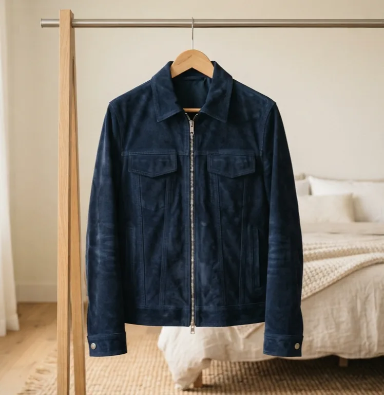 Navy suede jacket hanging on wooden rack in bedroom — raw photo before AI background removal